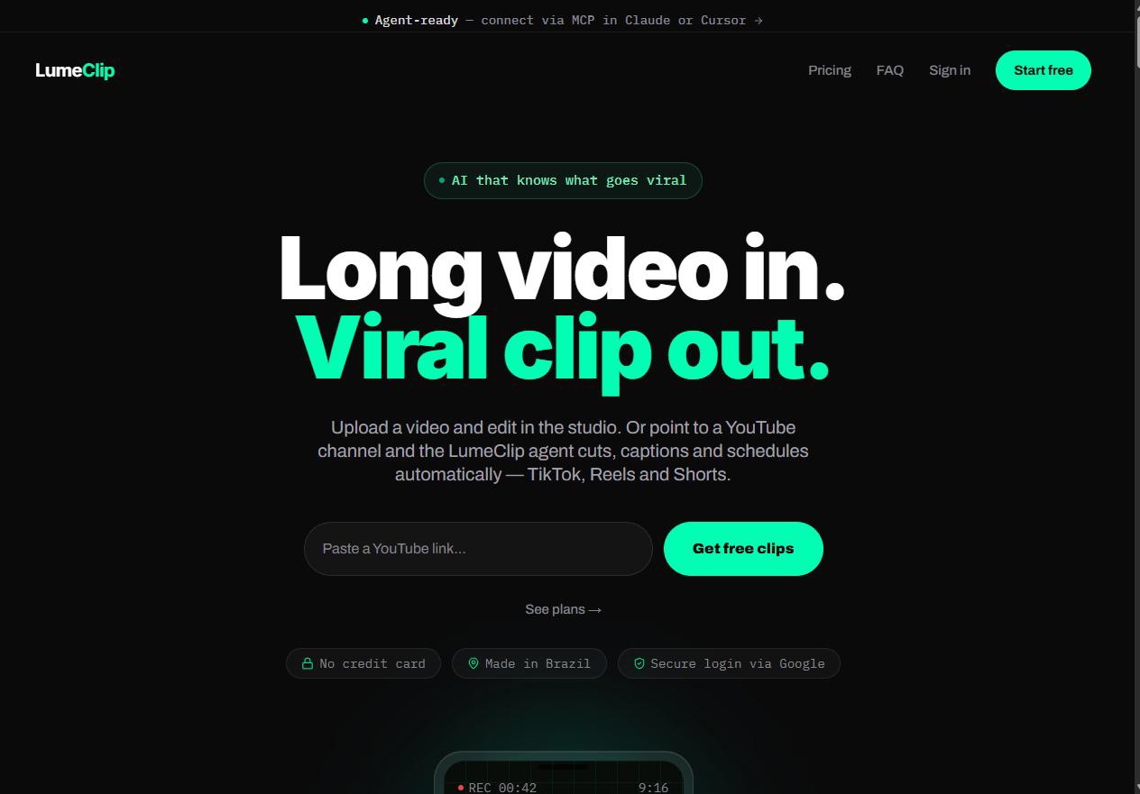 LumeClip homepage: long video in, viral clip out